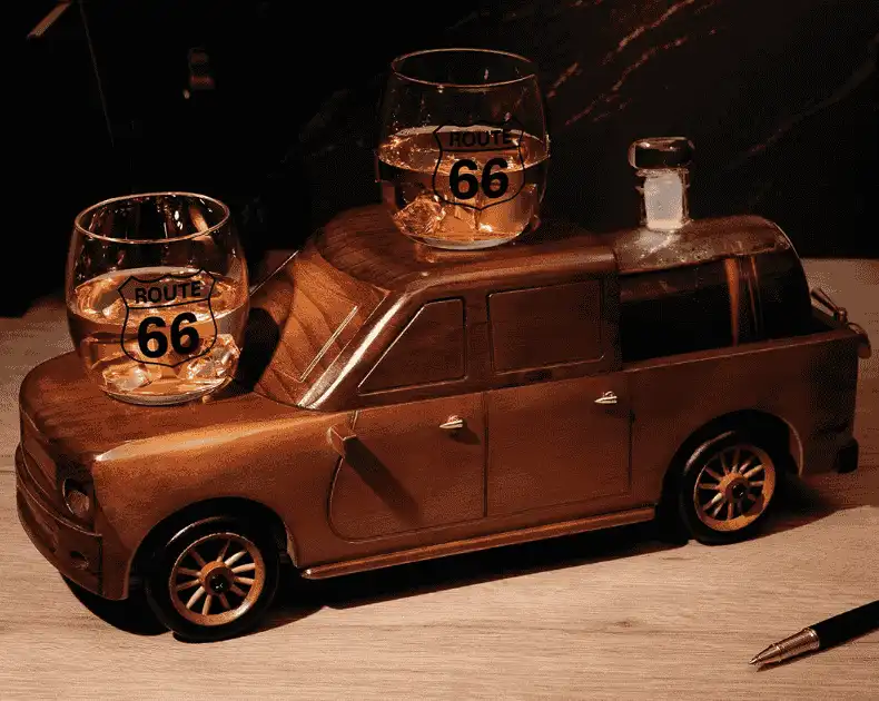 F150 Wood Pickup Truck - Decanter Set +( 2 ) Route 66 Glasses